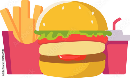 Illustration of Fast Food Burger, Fried Chicken with French Fries and Drink