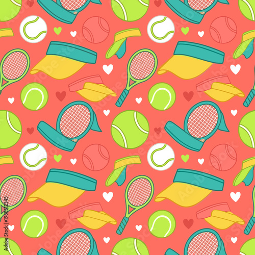 Cute tennis pattern with rackets, balls, visors and hearts