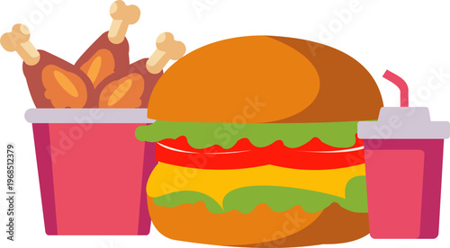 Illustration of Fast Food Burger, Fried Chicken with French Fries and Drink