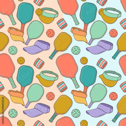Seamless pattern of pickleball paddles, balls, visors, and wristbands