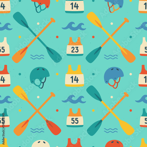 Seamless pattern of canoe paddles, helmets and bibs for water sports
