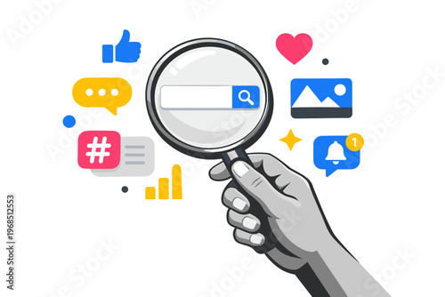 Social Media Search Concept with Magnifying Glass, Digital Marketing Analytics and Online Engagement Illustration
