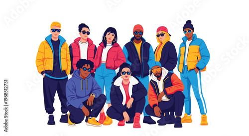 Nine diverse young adults wearing trendy streetwear and sunglasses are posed in standing and crouching positions against a white background.