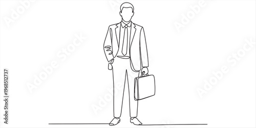 Minimalist one line drawing of a professional businessman standing and holding a leather briefcase Vector, illustration