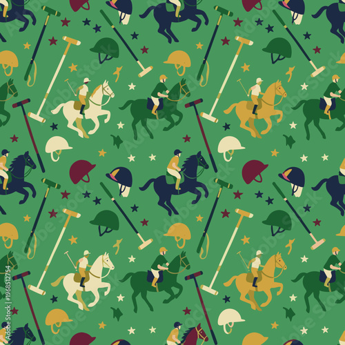 Seamless polo pattern with horses, riders, mallets and stars