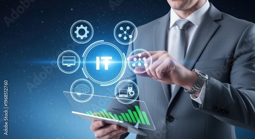 Wallpaper Mural Man in Suit Interacting with Futuristic IT Interface and Data Visualizations on a Digital Tablet Torontodigital.ca