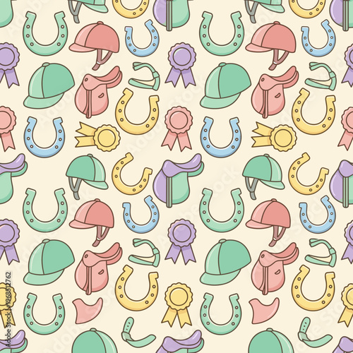 Seamless pattern of equestrian items in cartoon style