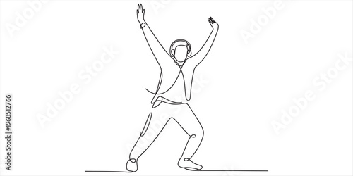 A continuous line drawing of a person wearing headphones while dancing with arms raised high up. Vector, illustration