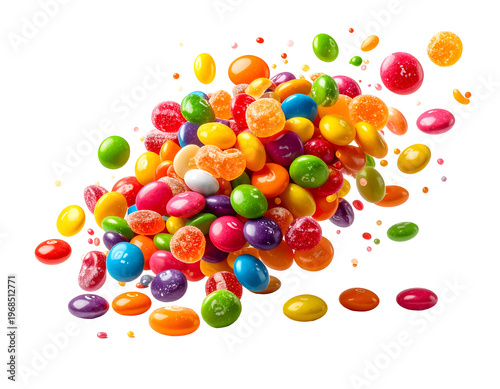 Vibrant, colorful candy scattered and falling in mid-air