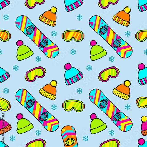 Seamless pattern of colorful snowboards and winter accessories