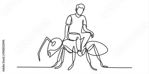 A continuous line drawing of a man sitting on top of a giant ant representing surreal imagination. Vector, illustration