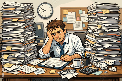 Overworked Office Employee with Paperwork Overload, Stress and Deadline Pressure Illustration