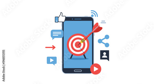 A dark blue smartphone displaying a target with a dart is surrounded by social media and marketing icons on a clean white background.