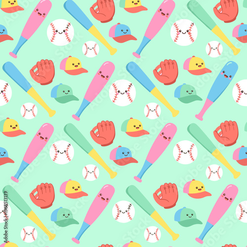 Cute baseball elements pattern in cartoon style