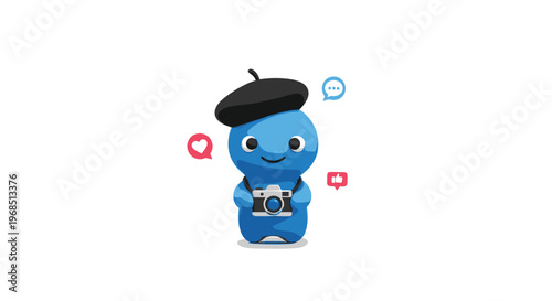 A blue blob-like character wearing a black beret holds a camera, surrounded by pink heart, blue speech bubble, and red thumbs-up icons on a white background.