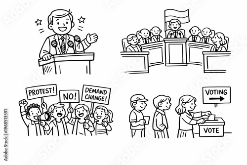 Political Process Sketch Set with Protest, Voting, Government and Public Participation Illustration
