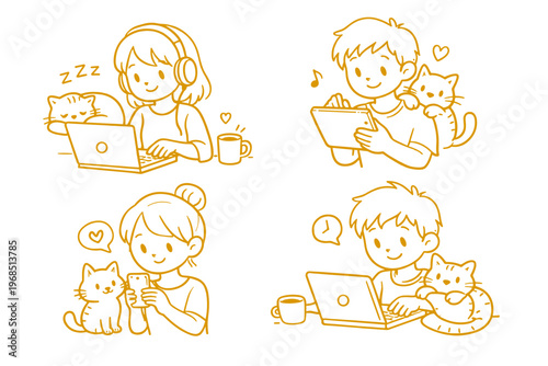 Cute Kids Cleaning Activities Line Illustration Set with Children Doing Household Chores