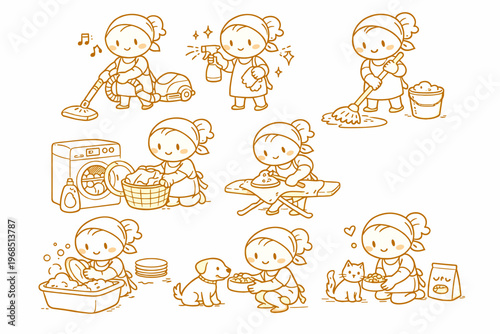 Cute Kids Cleaning Activities Line Illustration Set with Children Doing Household Chores