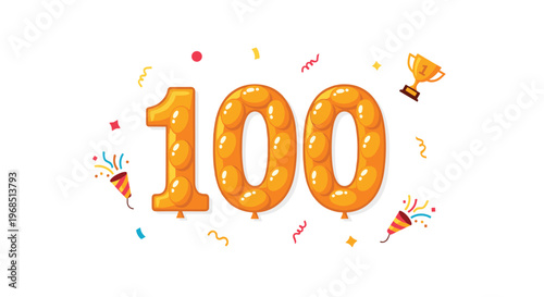 Three shiny golden balloon numbers forming 100 are surrounded by festive confetti, two party poppers, and a golden trophy on a bright white background.