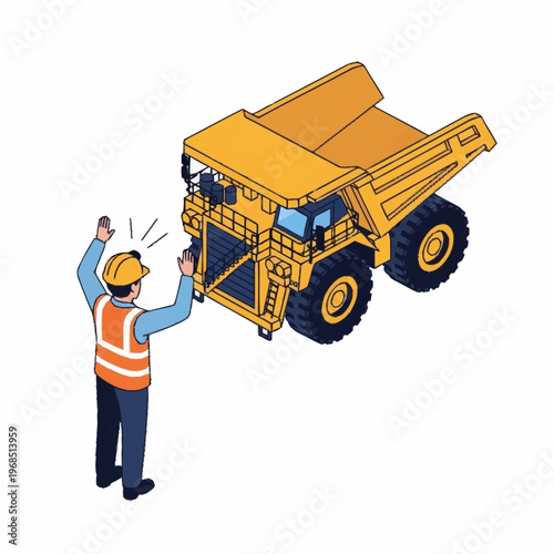 Construction worker directing a large yellow dump truck at a mining site.