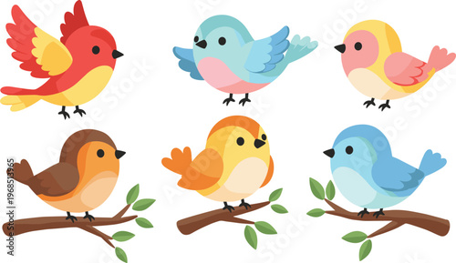 Cute colorful birds cartoon illustration set featuring small songbirds on branches in playful style for children and decorative design