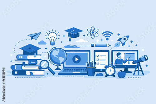 Online Education and E Learning Concept, Digital Learning with Books Laptop Graduation and Knowledge Icons Illustration