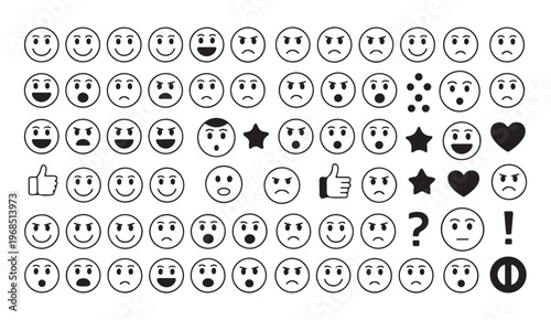Large collection of diverse black and white outline emoji icons and various communication symbols.