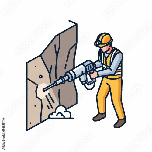 Construction Worker Operating Jackhammer Breaking Rock Illustration.