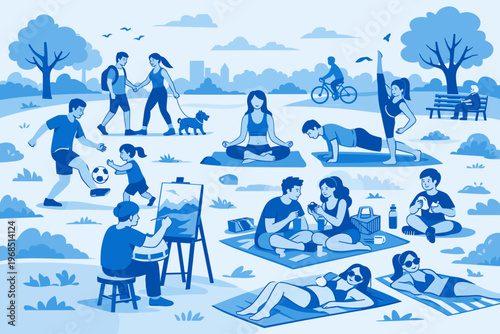 People Relaxing in Park Activities Set, Outdoor Leisure and Lifestyle Scenes with Yoga Picnic Art and Sports Illustration