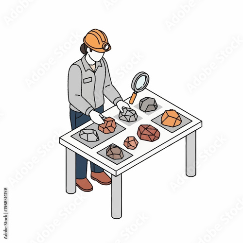 Geologist examining rocks and minerals on a table with a magnifying glass.