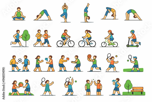 Outdoor Sports Activity Icon Set with Running, Cycling, Yoga and Fitness Exercises