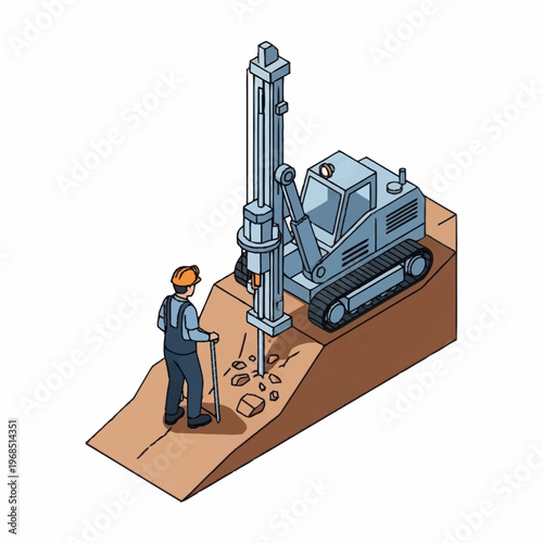 Geotechnical drilling rig and worker performing soil investigation on a slope.