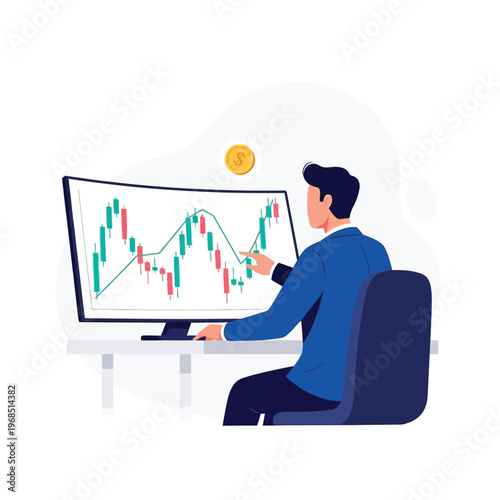 Happy woman investing and making money online with a financial app on her smartphone, showing stock market graphs and flying gold coins. Flat design illustration of digital financial success