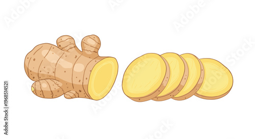 A single whole ginger root with a knobby texture is positioned next to five uniformly sliced ginger pieces on a white background.