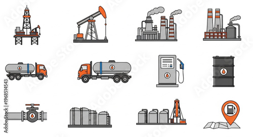 Oil and Gas Industry Icons - Extraction, Transportation, and Processing.