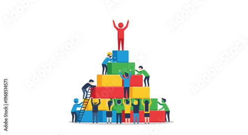 A red figure stands on top of a pyramid of colorful blocks while smaller figures collaborate to build the structure.