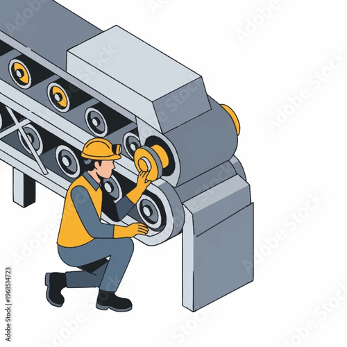 Industrial worker performing maintenance on a conveyor belt system.