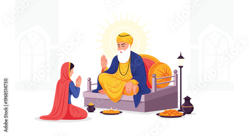 Guru Nanak sits on a decorated bed blessing a kneeling woman with offerings and architectural outlines in the background.
