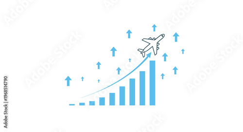 A light blue outline airplane flies over a light blue bar chart with multiple small arrows on a white background.