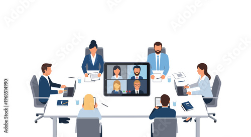 Six business professionals are seated around a white oval table with laptops, documents, and a central tablet displaying a video conference call.