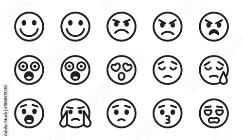 Universal black and white emoticon icons showing basic human sentiments for instant messaging platforms.