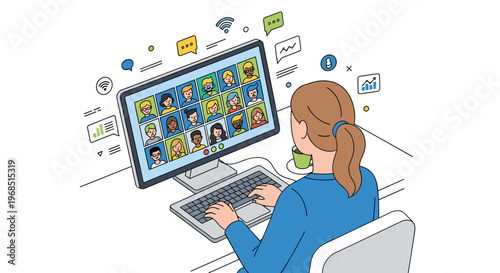 A woman sits at a desk, typing on a keyboard, participating in a video conference call displayed on a large monitor with multiple participants.