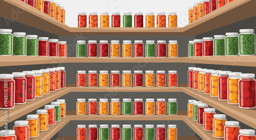 A wide shot displays numerous wooden shelves filled with rows of glass jars containing colorful preserved fruits and vegetables in a pantry.