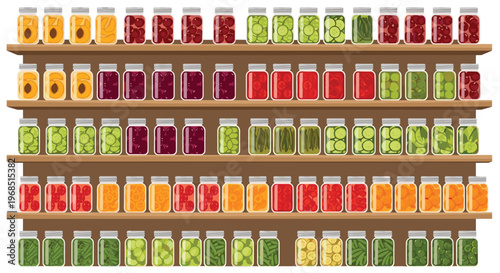 Five parallel wooden shelves are meticulously lined with an extensive array of glass jars containing various pickled and preserved items.