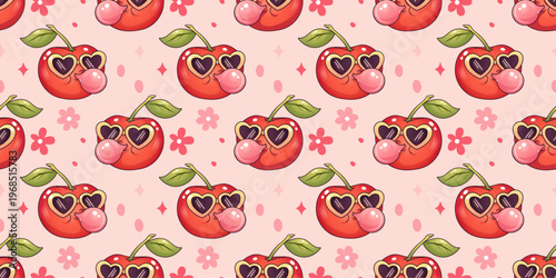 Seamless pattern with cute cherry character blowing bubble gum in kawaii style