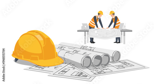 A yellow hard hat rests on blueprints in the foreground while two construction workers in safety vests discuss plans at a table in the background.