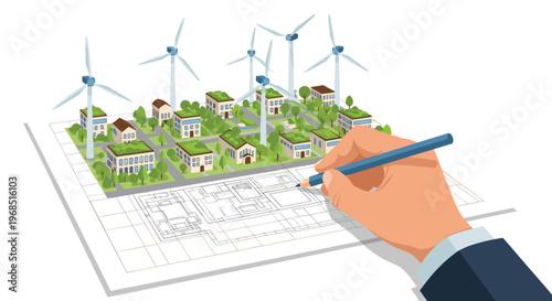 A human hand in a blue suit holds a blue pencil, drawing an isometric residential city plan with green-roofed houses and wind turbines on a white sheet.