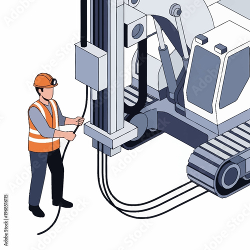 Isometric illustration of a miner working with heavy drilling machinery.
