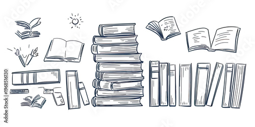 Hand drawn sketch of stacked books and open books in doodle style with reading and library concept in blue pen line art vector illustration