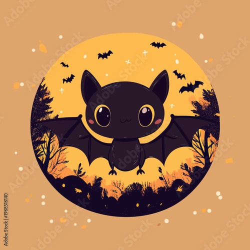 Cute black cartoon bat with big eyes flying at dusk surrounded by forest silhouette and smaller bats Halloween vector illustration in flat minimalist style